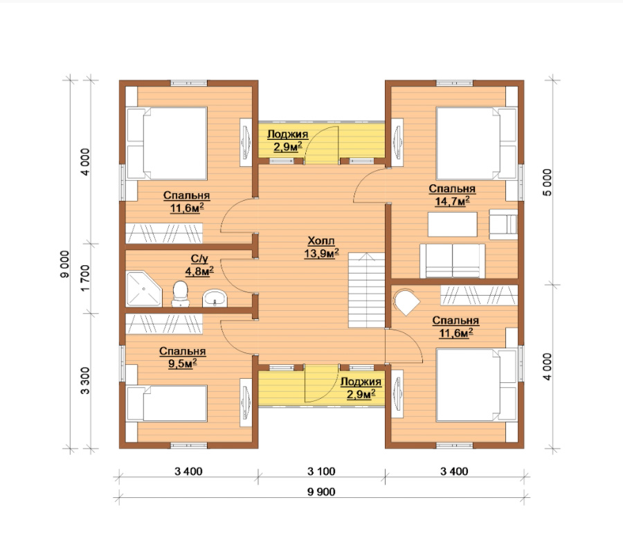 план второго этажа каркасного дома